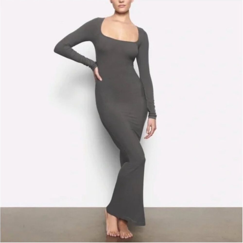 SKIMS Long Sleeve Maxi Dress in Charcoal Gray
